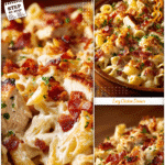 Creamy baked pasta with chicken, ranch sauce, and crispy bacon baked golden for a cozy meal.